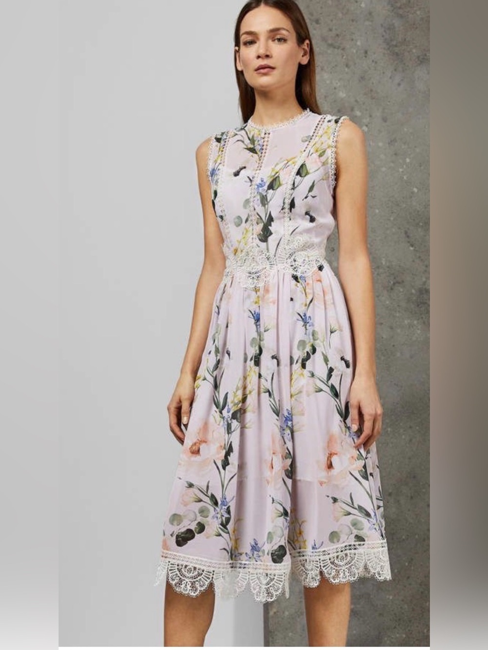 Ted Baker Cerloe Floral Midi Nude Pink White Crochet Details Dress Size 1 US 4